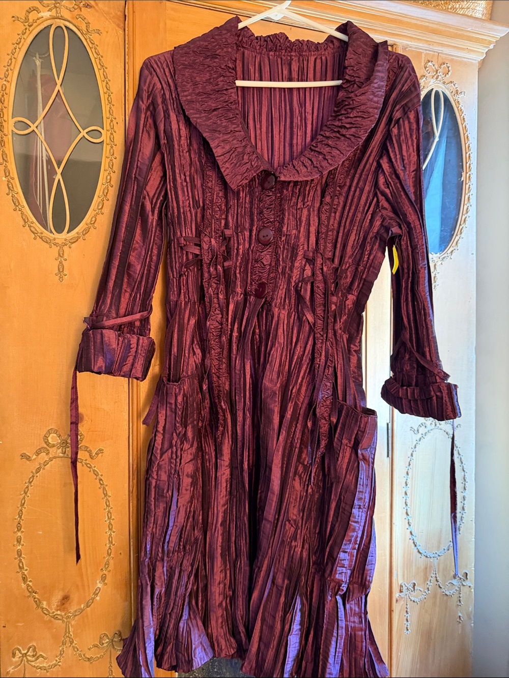 Wine Red Crinkled Long-Sleeve Button Front Dress